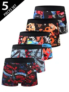 Men's Random 5-Pack Boxer Briefs, Comfortable Mid-Rise Stretch Elastic Men's Underwear, Stylish Multipurpose Geometric Animal Fashion Print Boxers