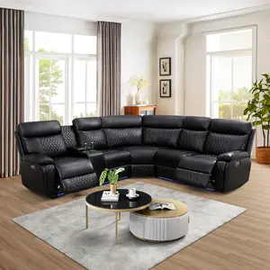 Dark Grey Breathable Faux Leather Reclining Sofa Set, 3-Piece Manual Recliner with Storage Console & Cup Holders, Home Theater Seating for Living Room