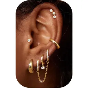 MILACOLATO 6Pairs Gold/Silver Earrings for Women Hypoallergenic Earrings Surgical Steel Cubic Zirconia Stud Huggie Hoop Cartilage Earring Set Chain Dangle Helix Hoop Earring Stack for Multiple Piercings