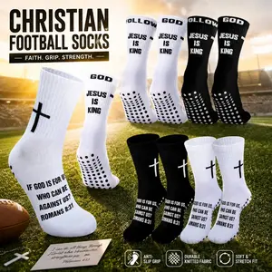 Christian Anti-Slip Sports Socks (3 Pairs, 6 Socks) – Bible Verse & Cross Designs, Durable Knitted Fabric, Soft Stretch Fit, for Football & Sports Activities, Religious Themed Athletic Wear