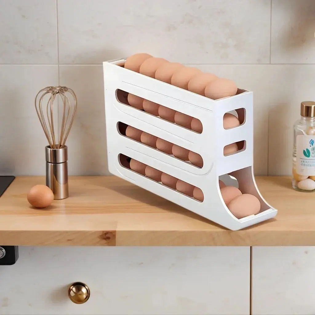 Automatic Rolling Egg Dispenser Organizer for Refrigerator 4-Tier Space-Saving