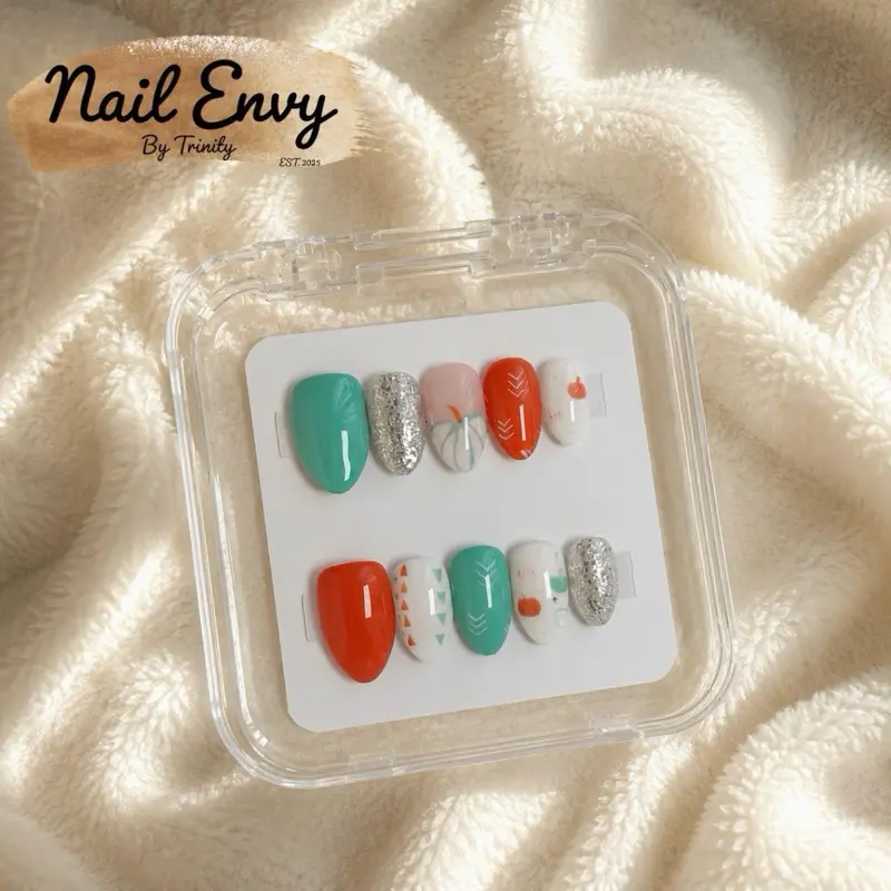 Fall Pumpkin Press On Nails | Mint Green Orange Autumn Reusable Glue On Set