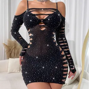 Midnight Starfall Rhinestone Mini Dress | Distressed Cut-out Slash Long Sleeve Bodycon | Sexy Clubwear & Rave Party Aesthetic Outfit