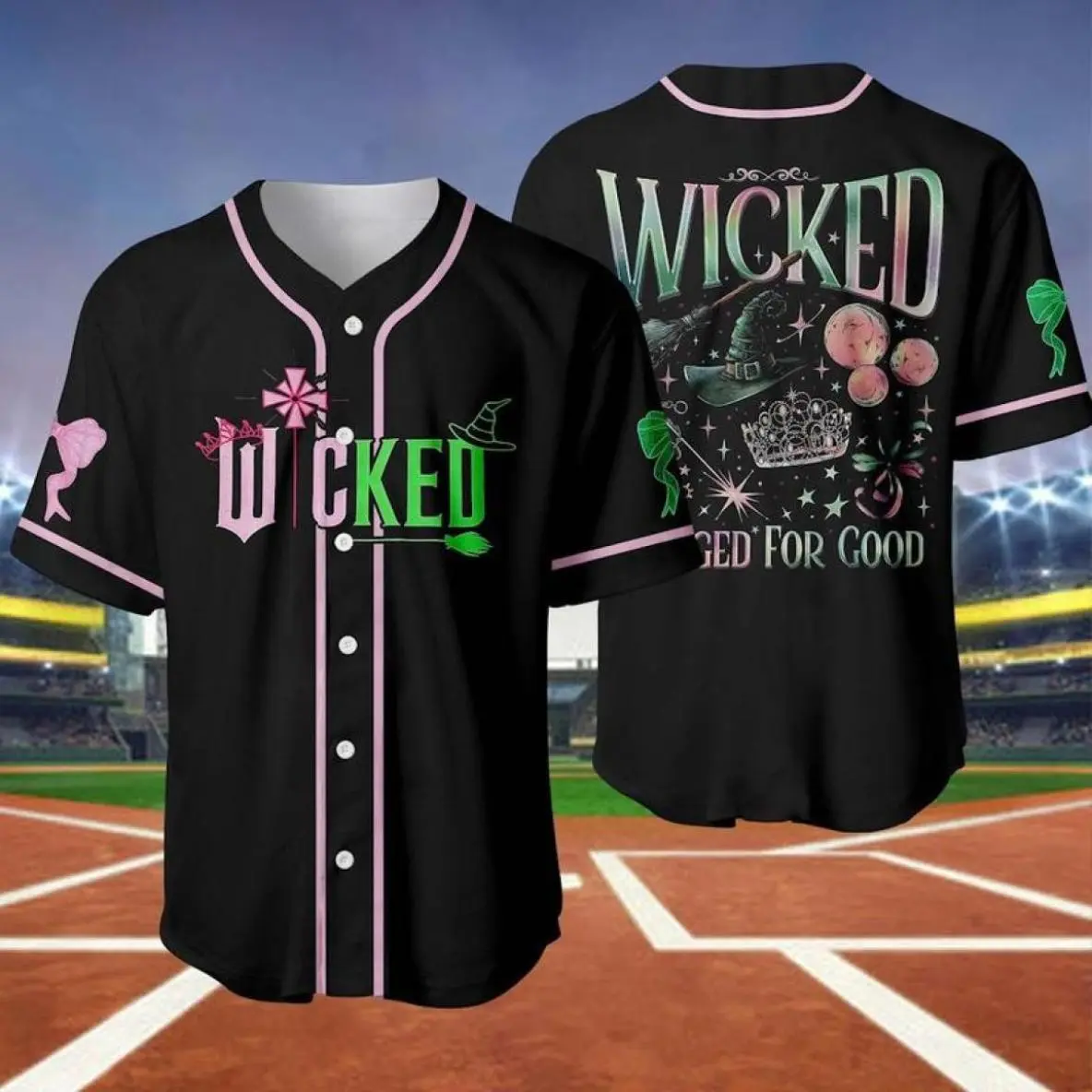 Wicked Inspired Baseball Jersey – “Wicked For Good” Graphic Button Up Shirt, Musical Fan Streetwear, Casual Sports Jersey