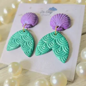 Mermaid Tail with Sea Shell Polymer Clay Earrings - Green & Purple, Elegant Design, HandCrafted with Polymer Clay