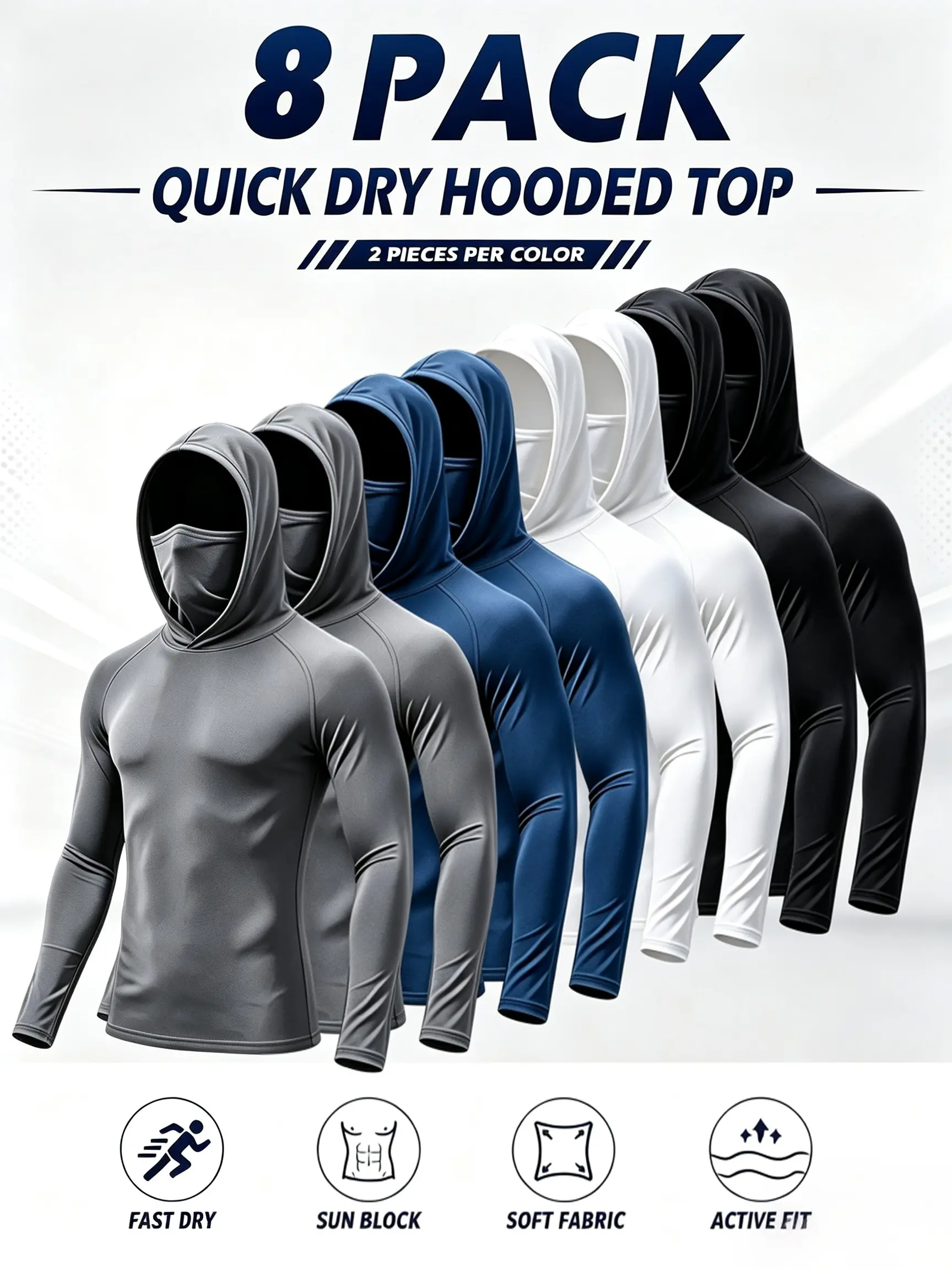 Men’s 8- Pack Lightweight Performance Hoodies, Long Sleeve Hooded Activewear Athletic Wear, Moisture Wicking Breathable Sun Protection Shirts Gym Gear as Outdoor Adventure Gear