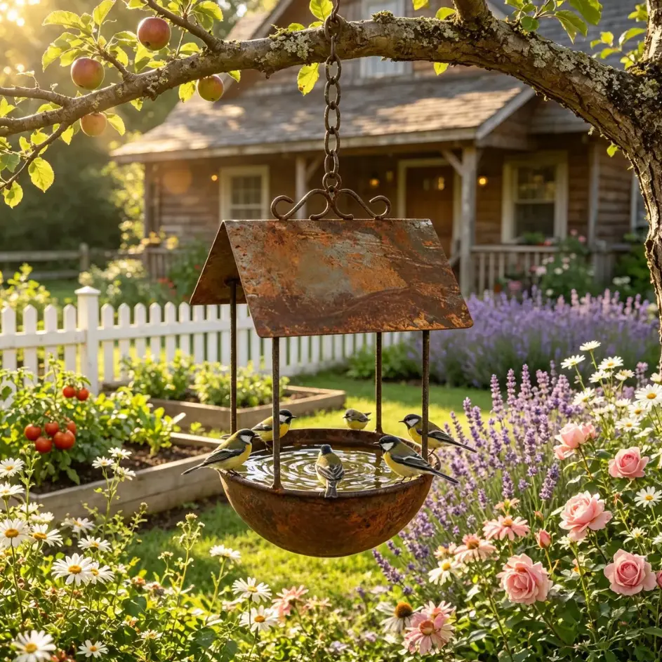 Rustic Metal Hanging Bird Bath with Decorative Roof - Outdoor Water Feeder Bowl for Patio, Backyard - Vintage Cottage Decor & Wildlife Accent (Home Improvement Garden Supply)