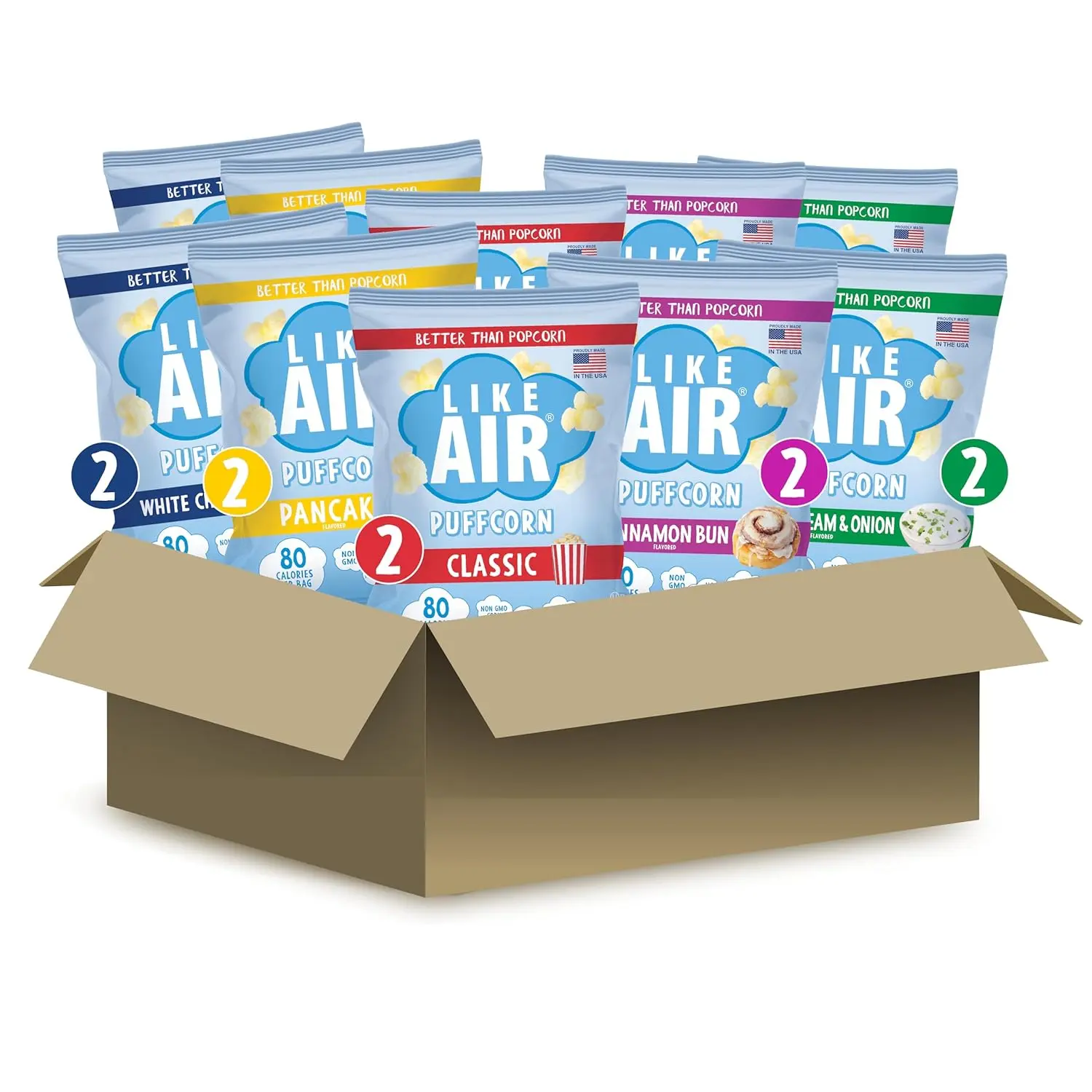 Like Air Baked Puff Corn Variety Pack (10 Count) - 50 Calories Per Cup Low Calorie Snacks, Gluten Free & Kosher Snack Box for Kids