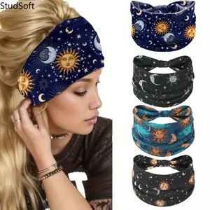 Star & Moon Print Wide Headbands for Women, Bohemian Fashion Hair Bands, Elastic Sweat Wicking Head Wraps for Yoga Running Workout Fitness, 4 Pack