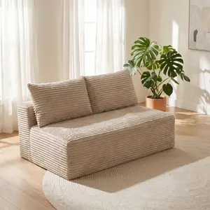 Camel Corduroy Ground-Hugging Compressed Loveseat, Armless No-Legs 2-Seater Sofa for Living Room Small Apartment