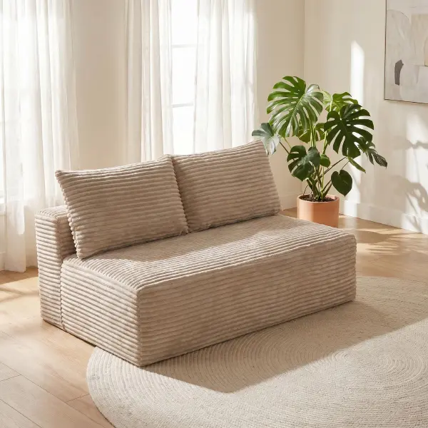 Camel Corduroy Ground-Hugging Compressed Loveseat, Armless No-Legs 2-Seater Sofa for Living Room Small Apartment