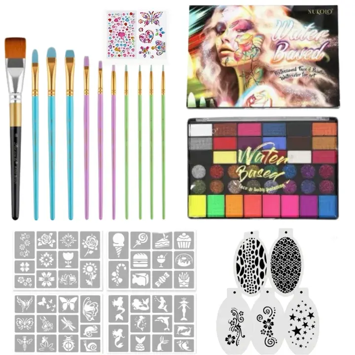 42 Colors Professional Face & Body Painting Kit, Vibrant Water Activated Face Paint Palette with Brushes, Stencils & Gems, Safe DIY Face & Body Art Makeup for Halloween, Birthday Parties, Festivals & Events