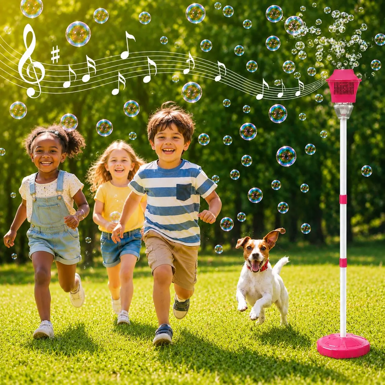 Automatic Rechargeable Bubble Machine for Kids, Height Adjustable Vertical Bubble Maker up to 47 Inches, Outdoor Battery Operated Bubble Machine with Light and Music, Bubble Blower Toy for Toddlers, Birthday Party Gifts(Bubble liquid not included)
