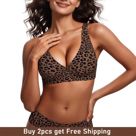Women Jelly Wireless Bras Deep V Leopard Print Seamless Soft Comfortable No Underwire Bralettes Comfy Plunge T shirt Everyday Bras