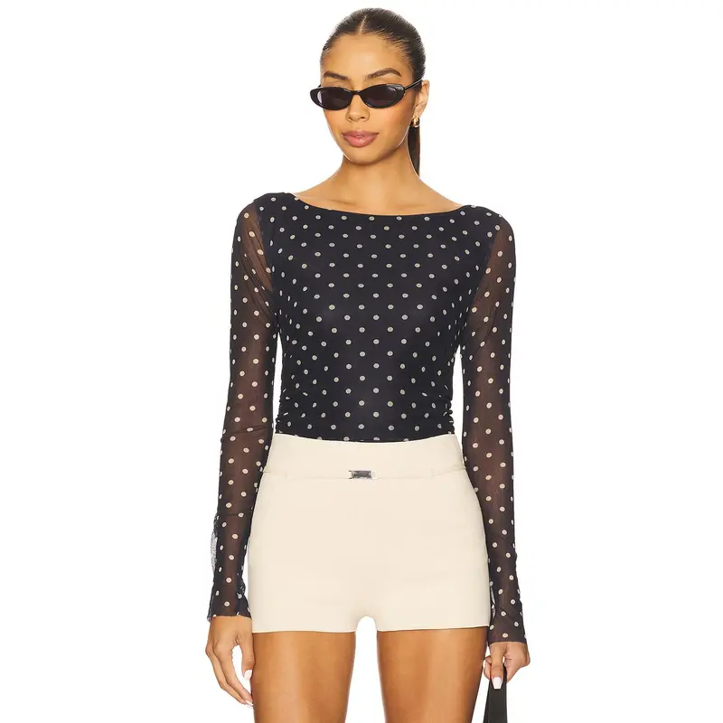 MAJORELLE Lena Top in Dark Navy & Cream Dot