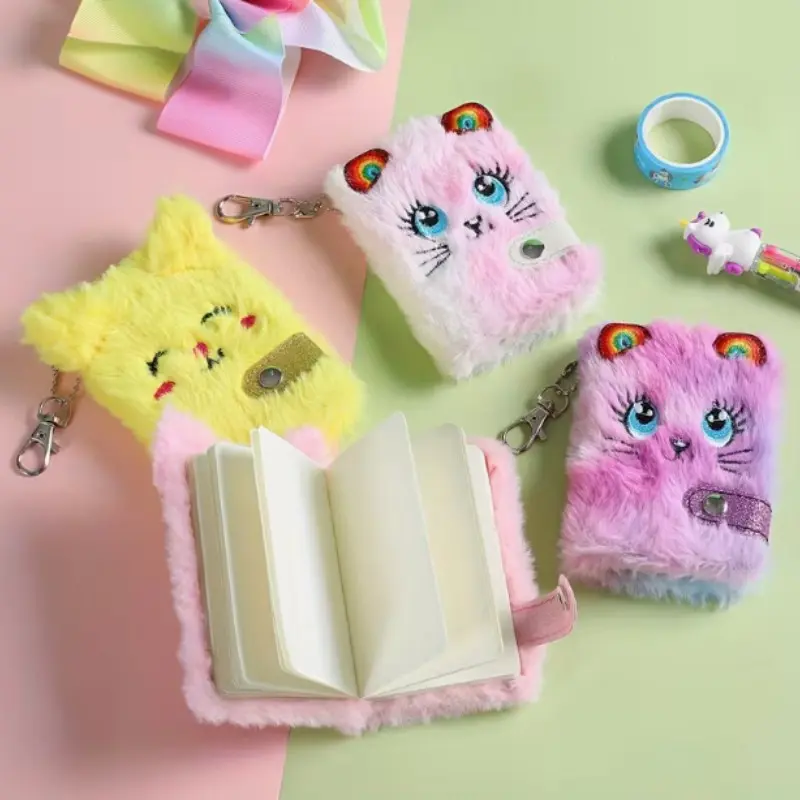 Cute Plush Cat Diary Notebook, Large Eyes Big Ears Design, Soft Puffy Cover, Backpack Hanging Keychain, Writing Notebook (ginger /light /)