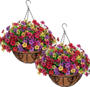 2 Set Artificial  with Hanging Basket, 2 Outdoor Hanging  with 24 count Faux UV Resistant  Silk Azalea in Baskets for Porch Garden Patio Balcony Yard Home Decor(4 Colors)