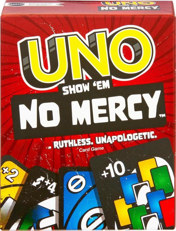 UNO Show 'em No Mercy Card Game for Kids Adults & Family Parties Travel with 56 Extra Cards Special Rules Tougher Penalties USA Edition