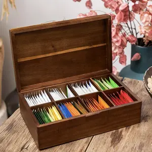 Brown Wooden Tea Bag Organizer with 8 Compartments for Kitchen or Pantry Storage