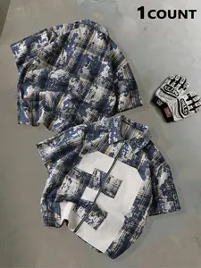 Men's Vintage Plaid Graphic Camouflage Zip-Up Shirt with 23 Patchwork Y2K Streetwear Casual Top