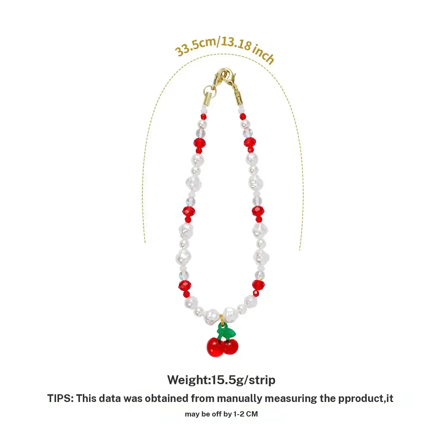 Cute Cherry Pattern Mobile Phone Chain 33.5cm DIY Beaded Lanyard Fashionable Accessory for Women Girls Decorative Pearl Beads 15.5g/strip