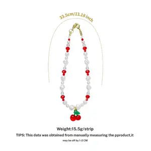 Cute Cherry Pattern Mobile Phone Chain 33.5cm DIY Beaded Lanyard Fashionable Accessory for Women Girls Decorative Pearl Beads 15.5g/strip
