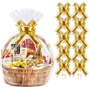10 Pack 24x30 Inch Large Cellophane Bags for  Baskets, Thick Clear Plastic Basket Wrap, Includes 10 Large  Pull Bows