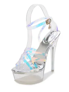 Korean-style fashionable transparent heel crystal heel cross-lace stiletto high-heel sandals Elegant fashionable sandals