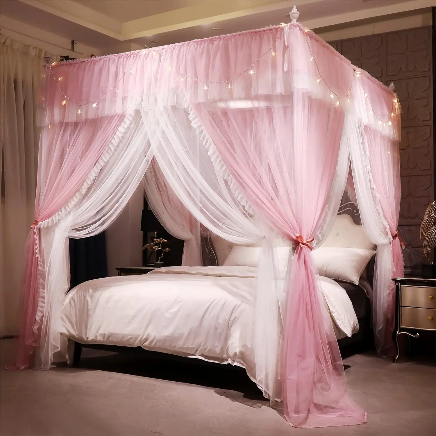4-Corner Post Ruffle Princess Canopy Bed Mosquito Net Cover, Double-Layer Cozy Drape Netting with 4 Openings, Pink/White Bedroom Decoration (Full Size: 53" W*78" L*82" H) for Girls