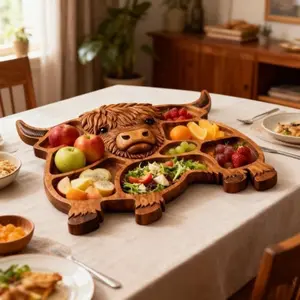 Highland Cow Charcuterie Board, Engraved Solid Wood Cheese Board Serving Platter with Compartments, Rustic Farmhouse Wall Mountable Meat Snack Tray, Housewarming Entertaining Gift for Women Men, Scottish Cow Kitchen Decor