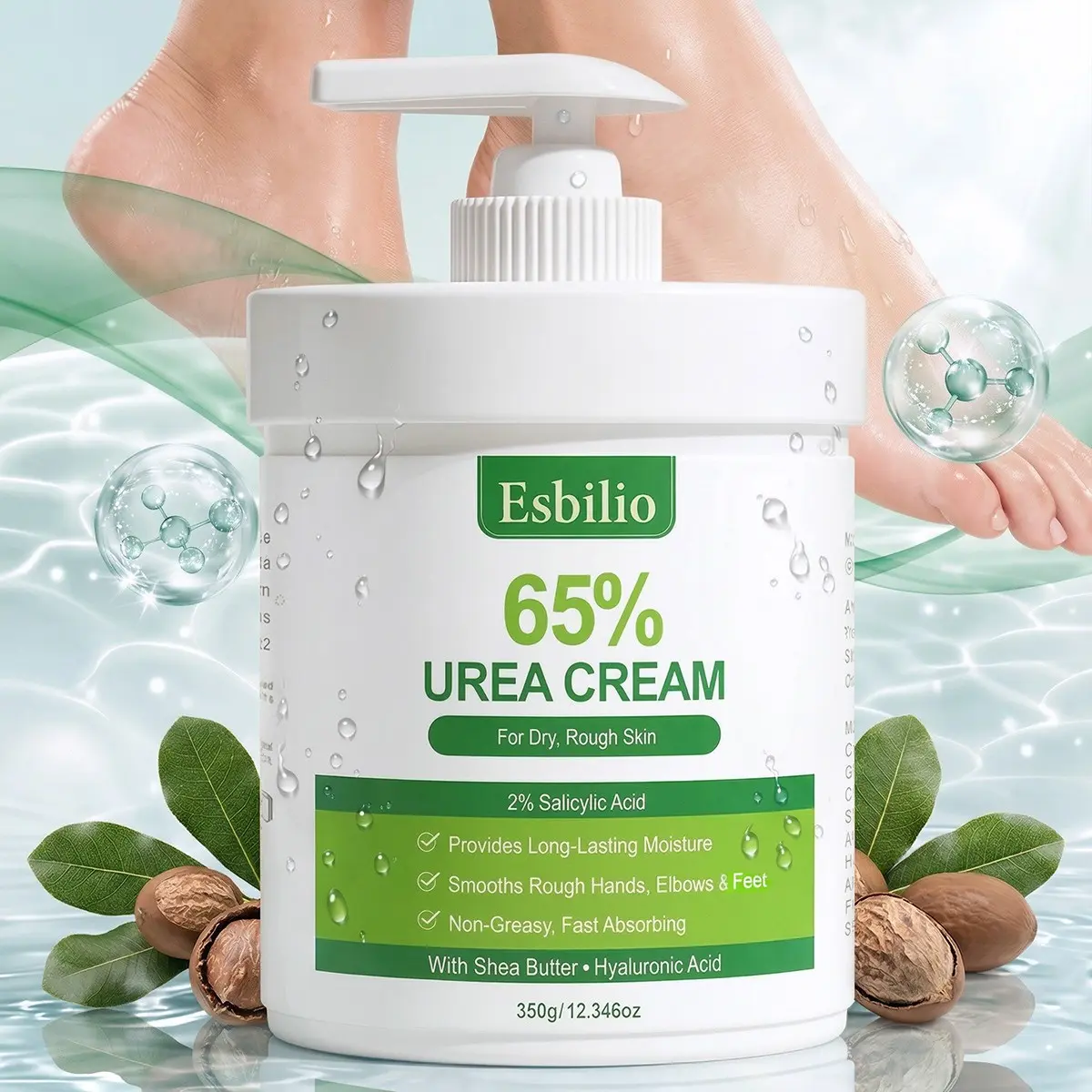 350g 65% Urea Cream for Dry Cracked Skin, Urea Cream For Feet, Cracked Foot Repair, Foot & Hand Cream with Salicylic Acid, Enriched with Shea Butter & Hyaluronic Acid, Moisturizing Foot Care, for Men & Women