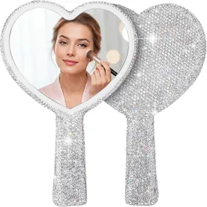 Rhinestone Heart Shaped Handheld Mirror - Sparkling Cosmetic Mirror with Handle, Portable for Travel, Wedding & Daily Makeup Application, Silver