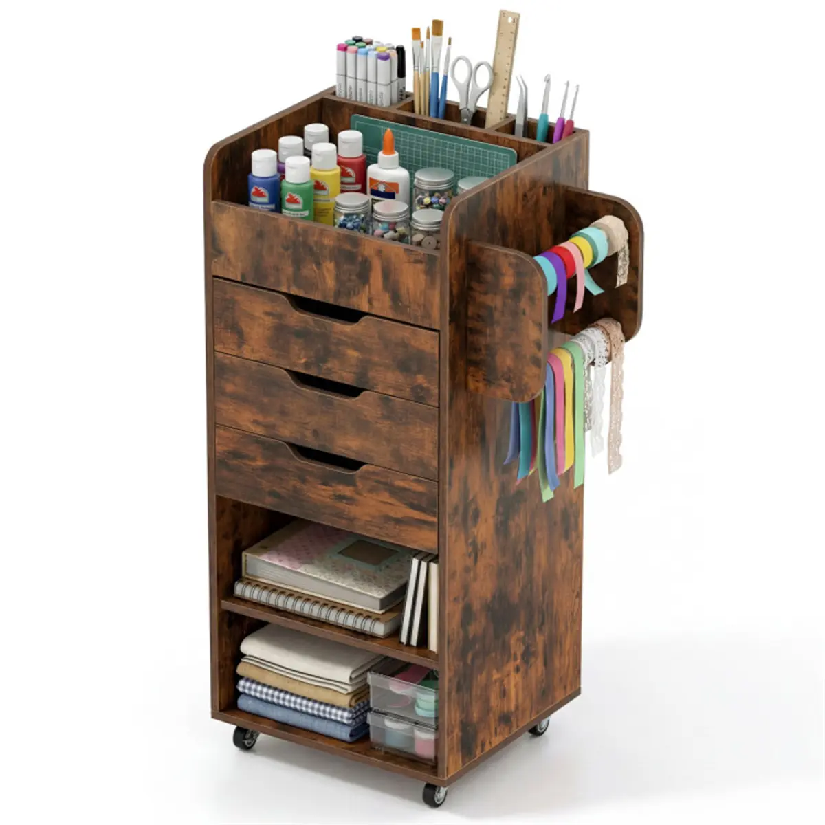 Industrial Gift Wrap Station Cabinet - Rolling Commercial Office Furniture Craft Organizer Cart with 3 Storage Drawers, Adjustable Shelves, Smooth Functionality & Box Compatibility for Wrapping Paper, Ribbon & DIY Supplies, Rustic, Metal, Craft Room, Asse