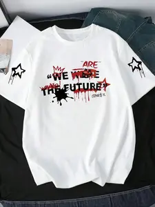 Men's Letter Star Print Round Neck Short Sleeve T-Shirt, Trendy Summer Casual Graphic Tee, Fitted Knit Fabric, Perfect for Commute