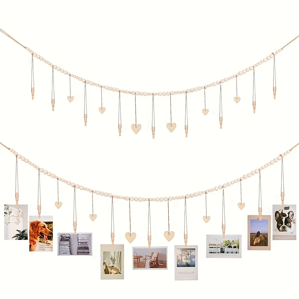 2pcs Boho Photo Clip String,  Hanging Photo Display Wall Decor, Wooden Bead Garland Collage Picture Frame withClips , Photo Display Hanging Rope for Home Dormitory Classroom Bedroom Decor, Hanging Wall Art, Boho Decoration