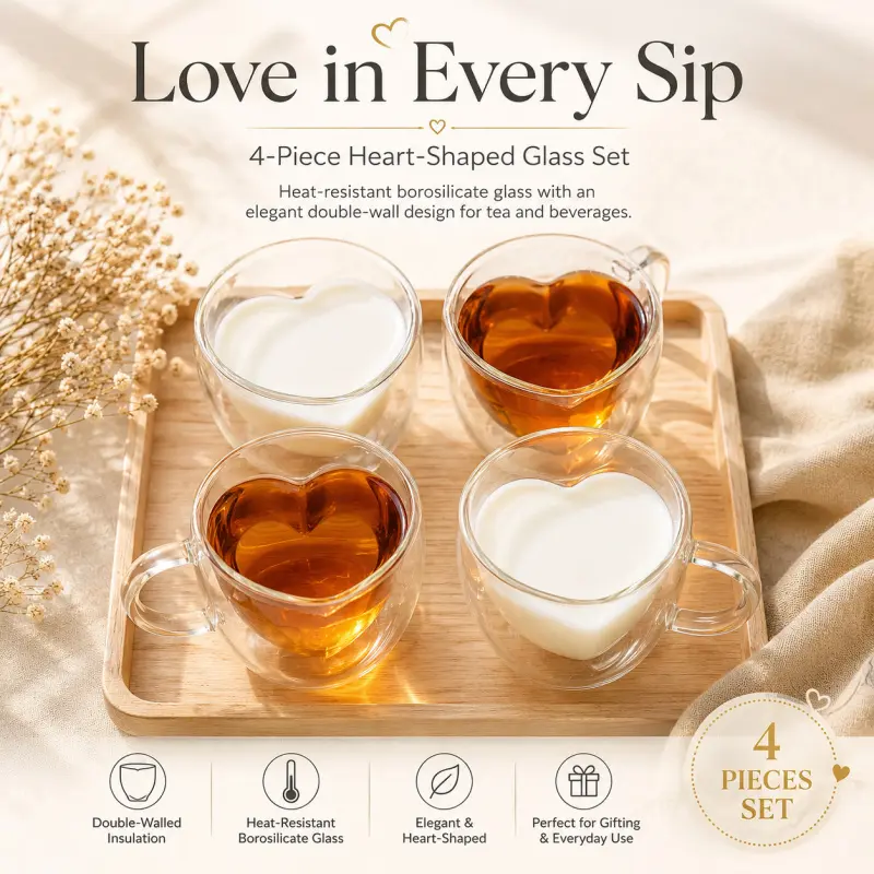 4-Piece Heart-Shaped Double Wall Glass Cup Set, Heat-Resistant Borosilicate Clear Glass Coffee Mugs, Cute Insulated Love Cups with Handles, Coffee Cups Gift, Coffee Cups Sets