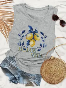 Women's Lemon & Laurel Leaf Print Round Neck Tank Top, Casual Sleeveless Top for Summer, Ladies Clothes for Daily Wear