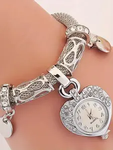 Women's Elegant Heart Design Quartz Jewelry Bracelet Watch, Exquisite Trendy Rhinestone Decor Wristwatch, Fashionable Watch for Women As Gift without Box