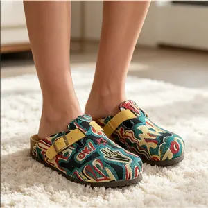 Bohemian Jacquard Cork Clogs | Luxury Ethnic Print Slip-On Mules for Women