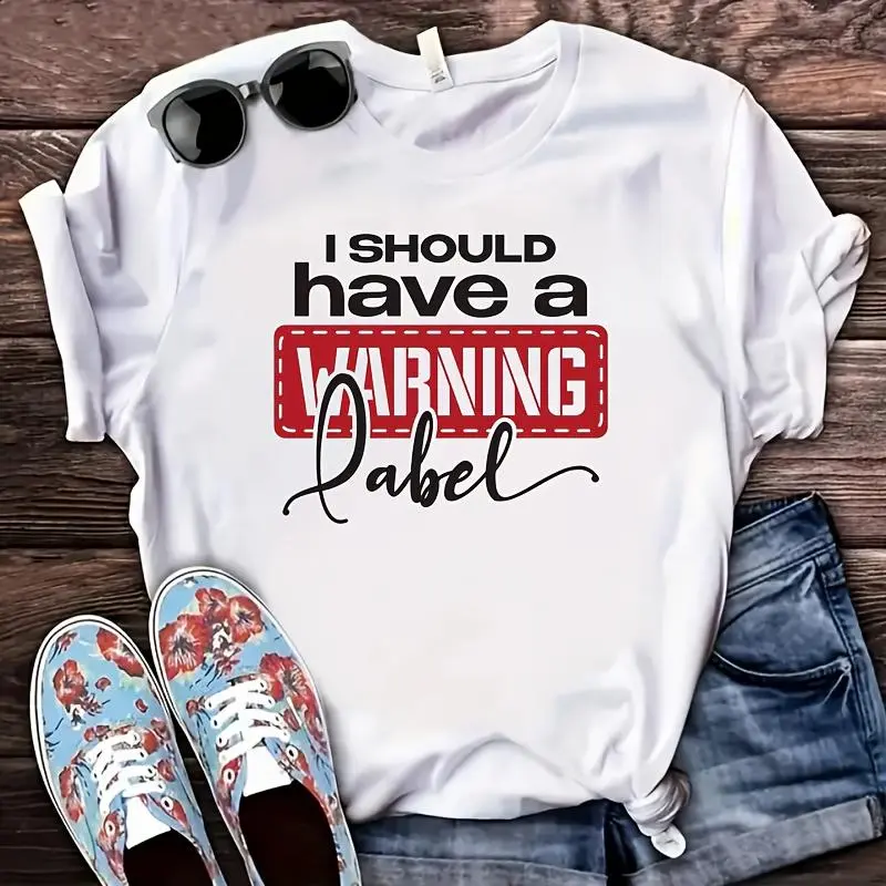 Women's T-Shirt with Playful Cute Slogan Print, Casual 100% Cotton Short Sleeve Top with Round Neck and Regular Fit