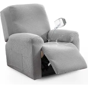 Water Repellent 4 Pieces Recliner Chair Cover with Side Pocket Leaf Jacquard Stretch Soft Recliner Slipcover Furniture Protector with Elastic Bottom(Light Grey,1 Seat)