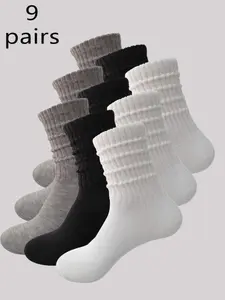 9 Pairs Women's Socks, Loose Stack Socks, Pure Color Jk Stacked Socks, College Style Warm Mid-Calf, Bubble Socks, Minimalist Comfortable Breathable