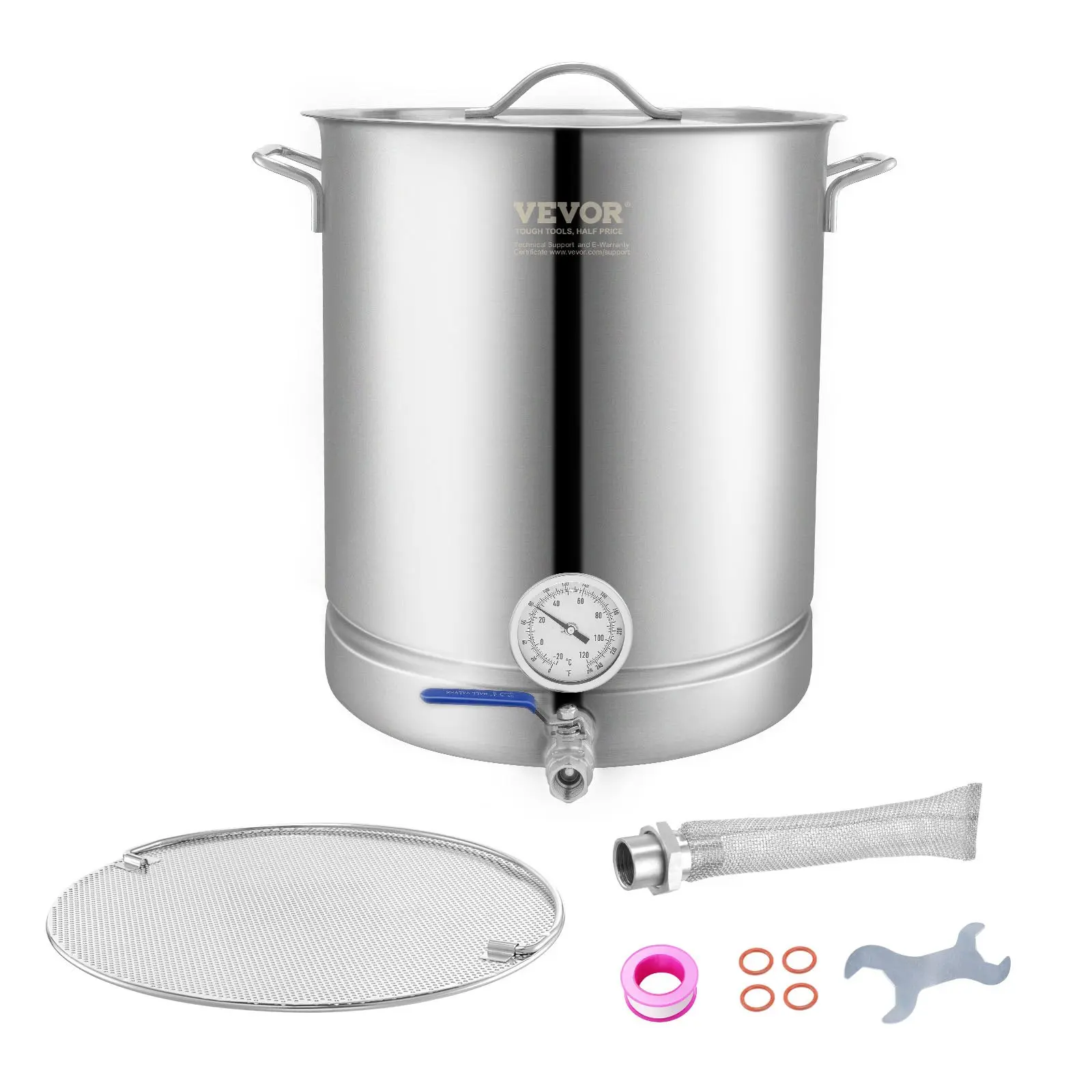 VEVOR Sturdy 16-Gallon Stainless Steel Brew Kettle Set, Tri-Ply Base Brewing Pot with Lid, Handle, Thermometer, Ball Valve Spigot, Dual Filter, Filter Tray (Home Brewing Supplies)