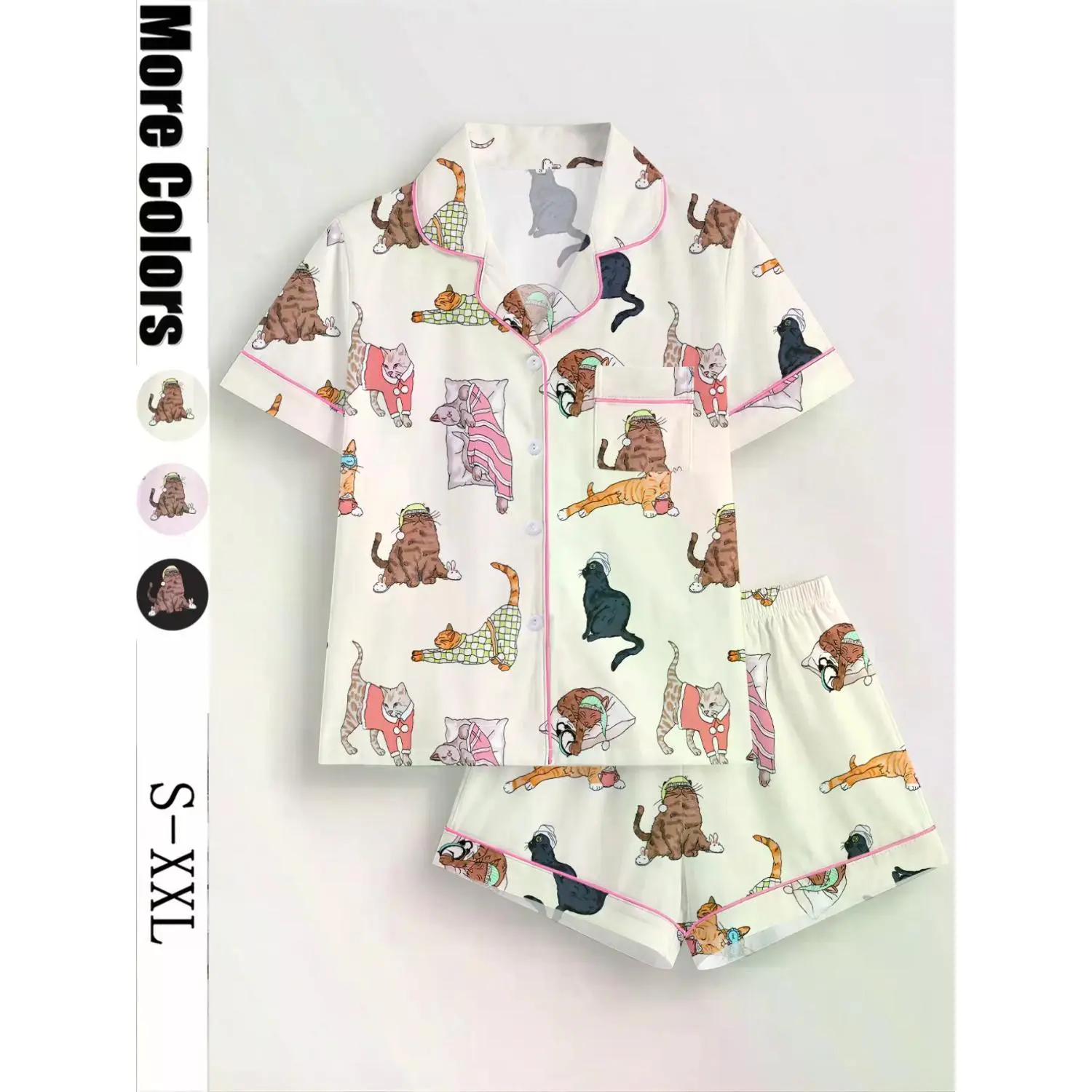 Women's Cat Print Pajama Set - Short Sleeve Button-Up Top & Elastic Waist Shorts, Cozy Loungewear & All-Season Sleepwear