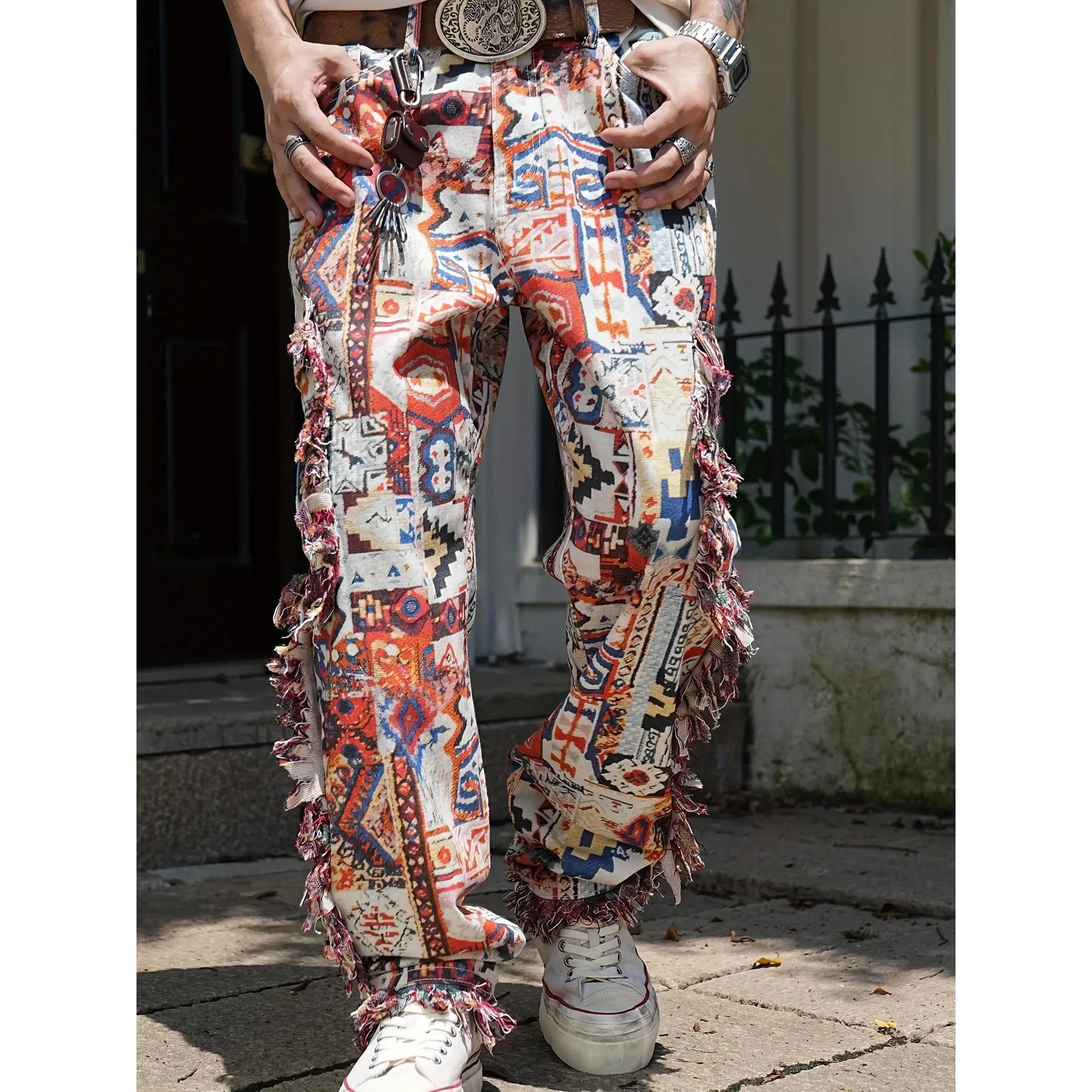 1 pair of men's jeans casual jeans fringed street style butterfly print denim straight pants fringed details
