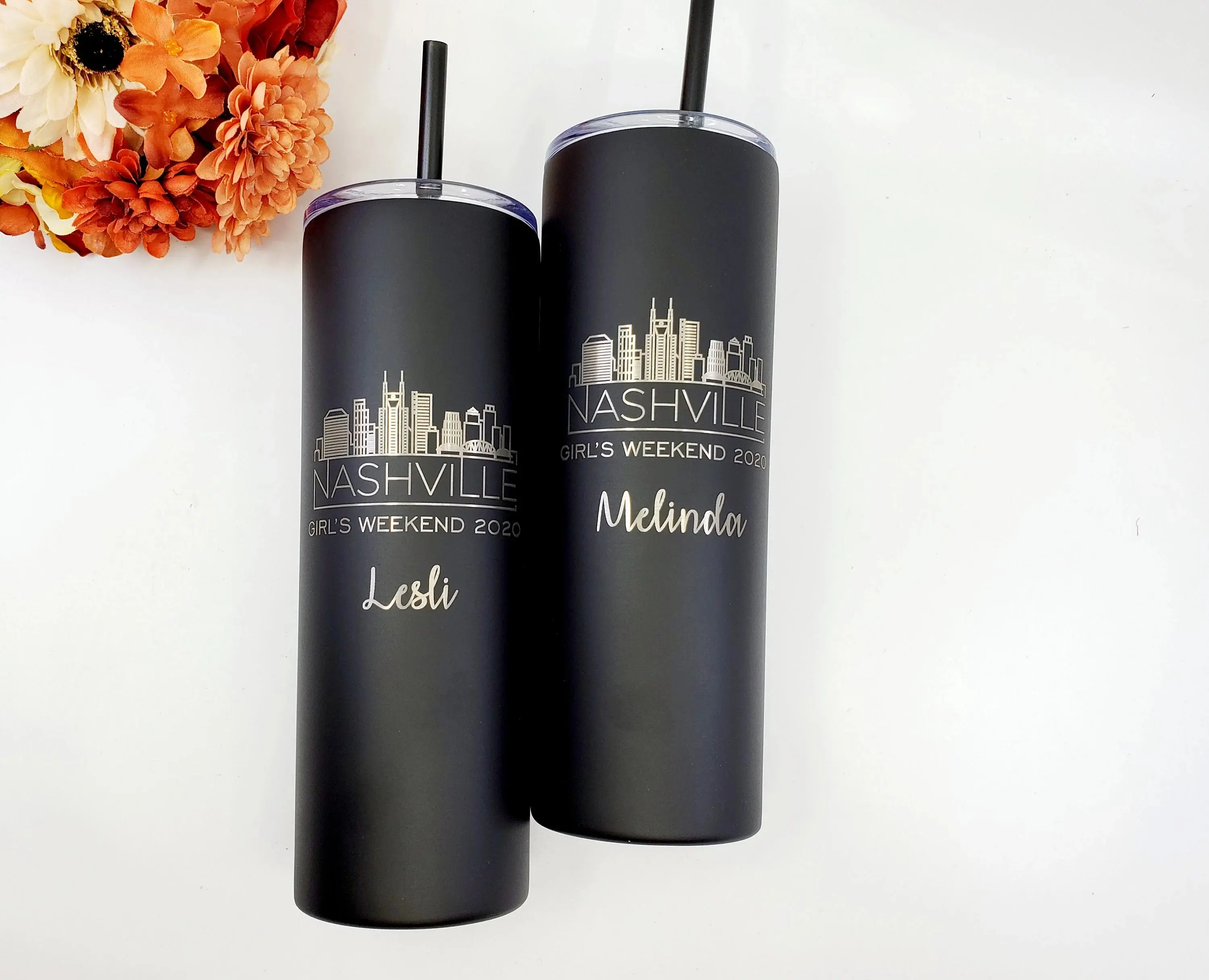 City Skyline Tumbler – Nashville Bachelorette, 20 oz Skinny Laser Engraved, Personalized Bachelorette or Birthday Party Favor