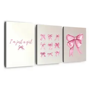 3pcs Bow Canvas Art Set, Soft Bow and Text Design, Wooden Frame Wall Decor, Wall Decoration, Living Room Bedroom Girl Space Home Use