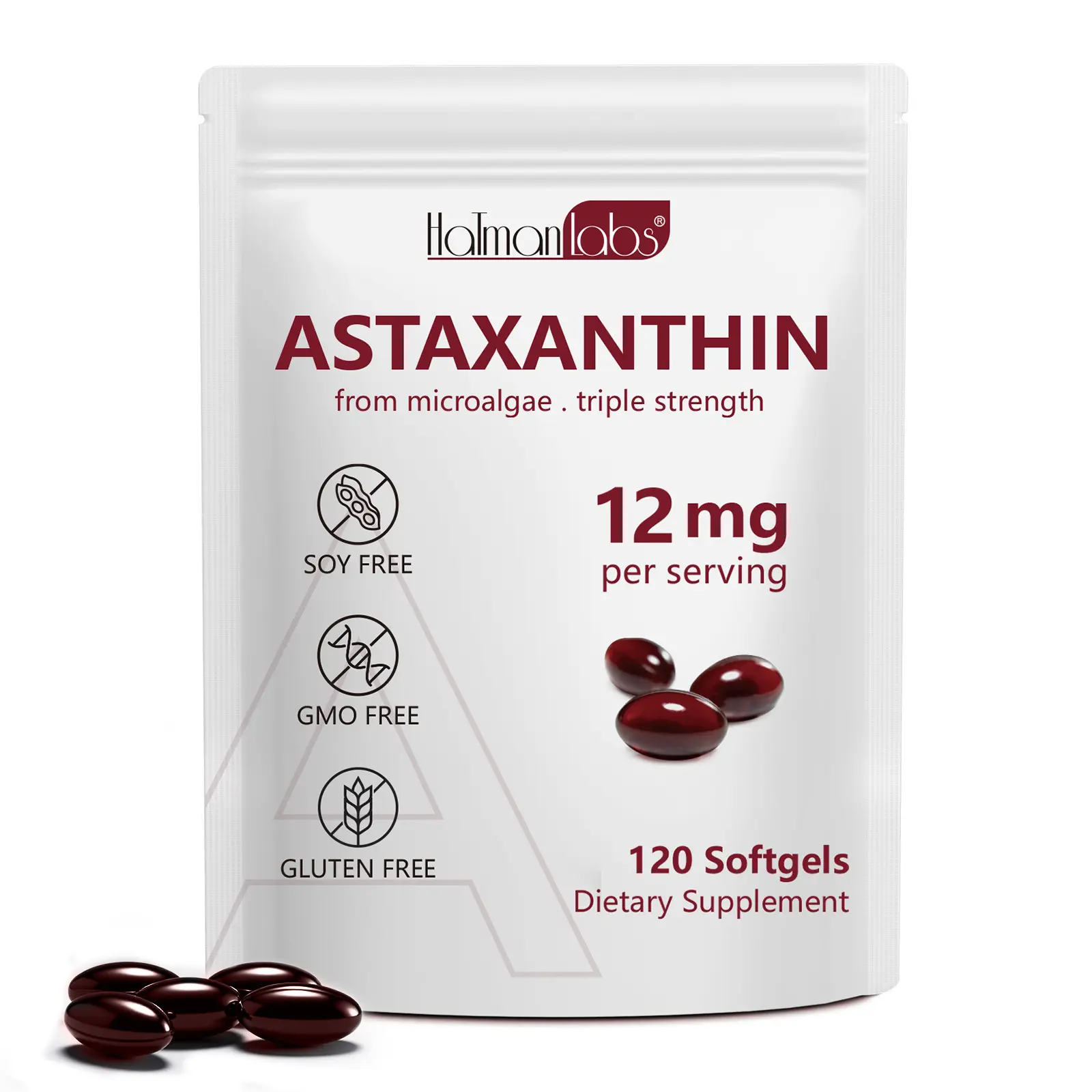 Hatmanlabs 12mg Astaxanthin Dietary Supplement 120 Count Natural Premium Antioxidant Capsules for Eye Health and Fitness Support Soy Free Gluten Free Non GMO Daily Immune and Skin Wellness Formula for Men and Women