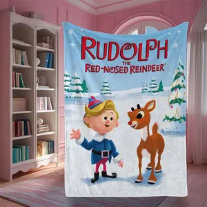 1pc Rudolph The Red-Nosed Reindeer Printed Flannel Blanket - Glam Anime Style, All-Season Cozy Soft Warm Multifunctional Throw for Home, Office, Car, and Camping, Digital Print Non-Woven Polyester, 250-300gsm, Ideal Birthday and Holiday Gift