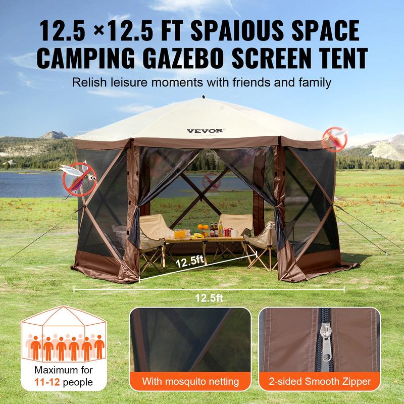 VEVOR Camping Gazebo Screen Tent, TikTokShopBlackFriday, 12*12ft, 6 Sided Pop-up Canopy Shelter Tent with Mesh Windows, Portable Carry Bag, Stakes, Large Shade Tents for Outdoor Camping, Lawn and Backyard, Brown/Beige